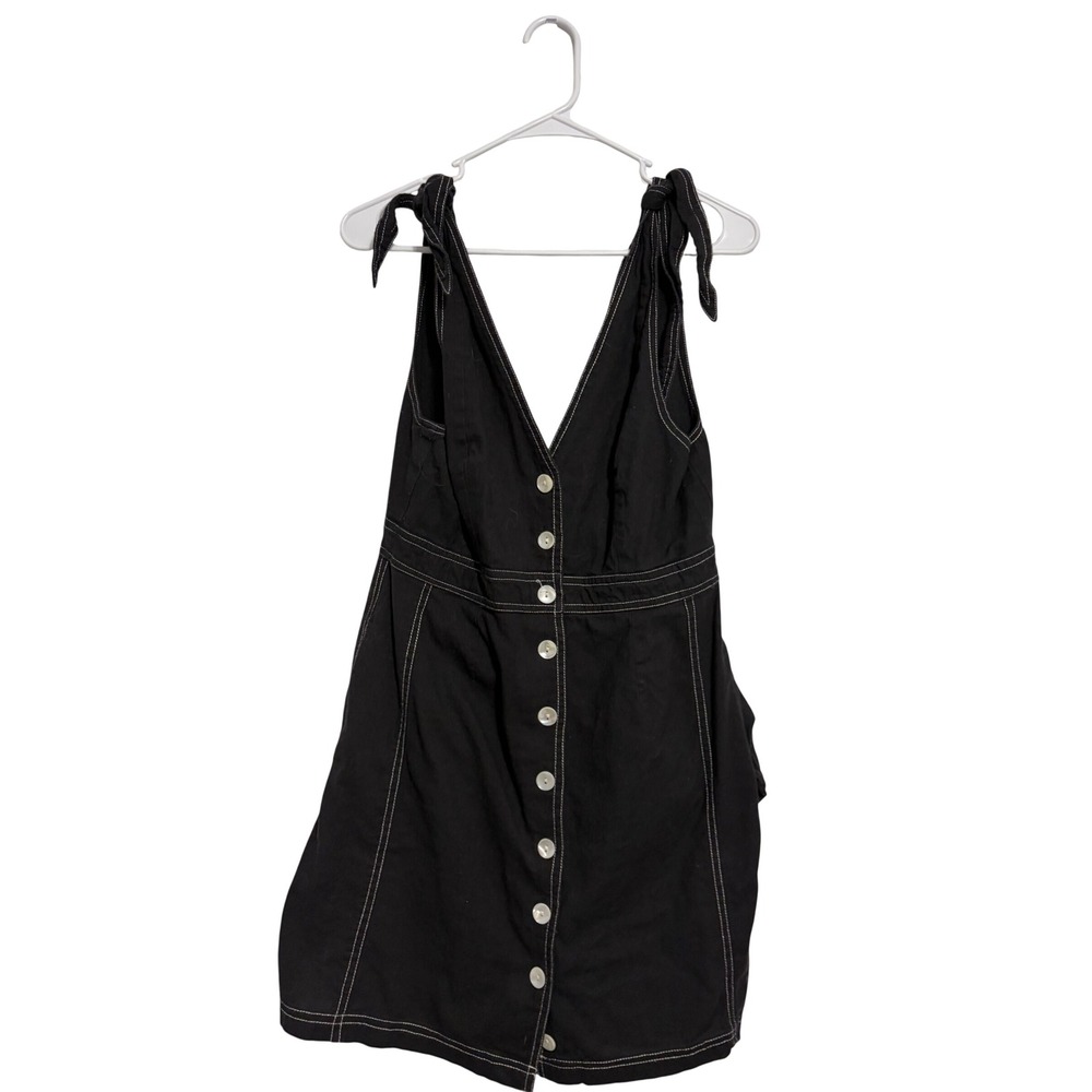 Free People Mini Dress Button Front Contrast Stitch Black Tie Shoulder Size 8